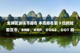 全球区块链币排名 本周排名前 5 位的加密货币，BNB、XRP、DOGE、DOT 和 AVAX