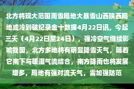 北方将现大范围雨雪局地大暴雪山西陕西局地或冷到破纪录金十数据4月22日讯，今起三天（4月22日至24日），强冷空气继续影响我国，北方多地将有明显降雪天气，随着它南下与暖湿气流结合，南方降雨也将发展增多，局地有强对流天气，需加强防范