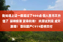 我知道上证一度超过了900点 但人民币又升值了  鼻喷疫苗 紧急批准！ 抗原试剂盒 成交激增！ 首批国产C919即将交付