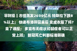 早财经丨市值蒸发2600亿元 特斯拉下跌8%以上； 快递布洛芬回来后 变成衣服了吗？ 来了通报； 多宣布无症状和轻症者可以正常上班； 新冠死亡判断标准明确